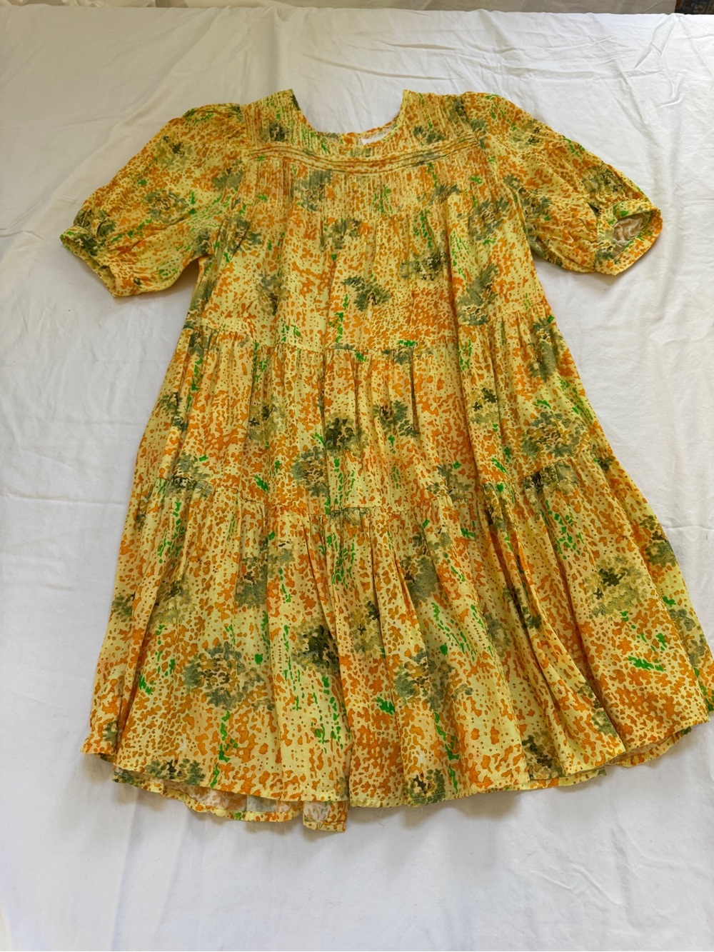 Yellow Floral Mini Dress with Short Puff Sleeves